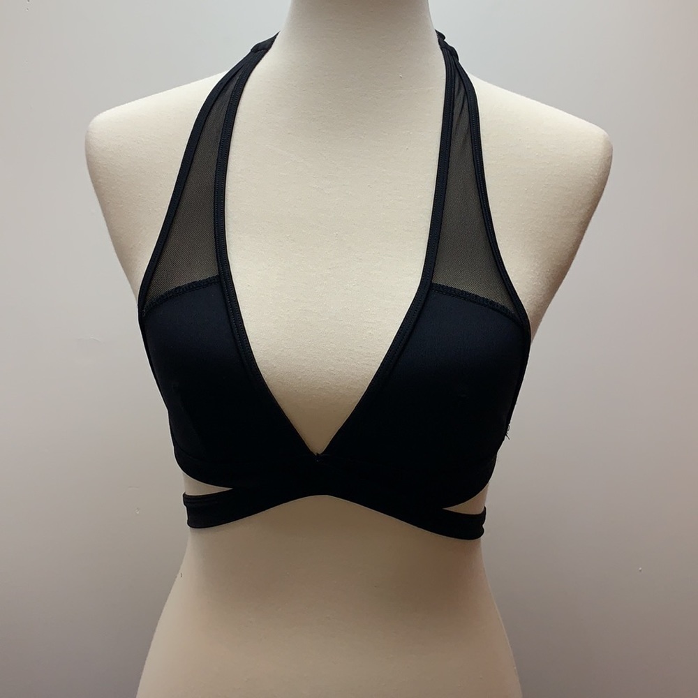 Bikini top black with sheer panels and long straps